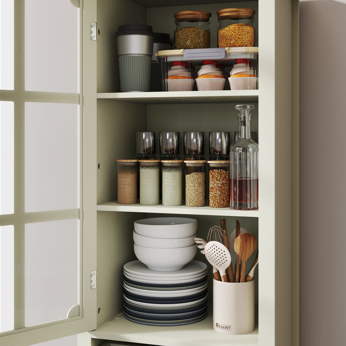 Minimalism Buffet Cabinet With Glass Doors And Double Drawer