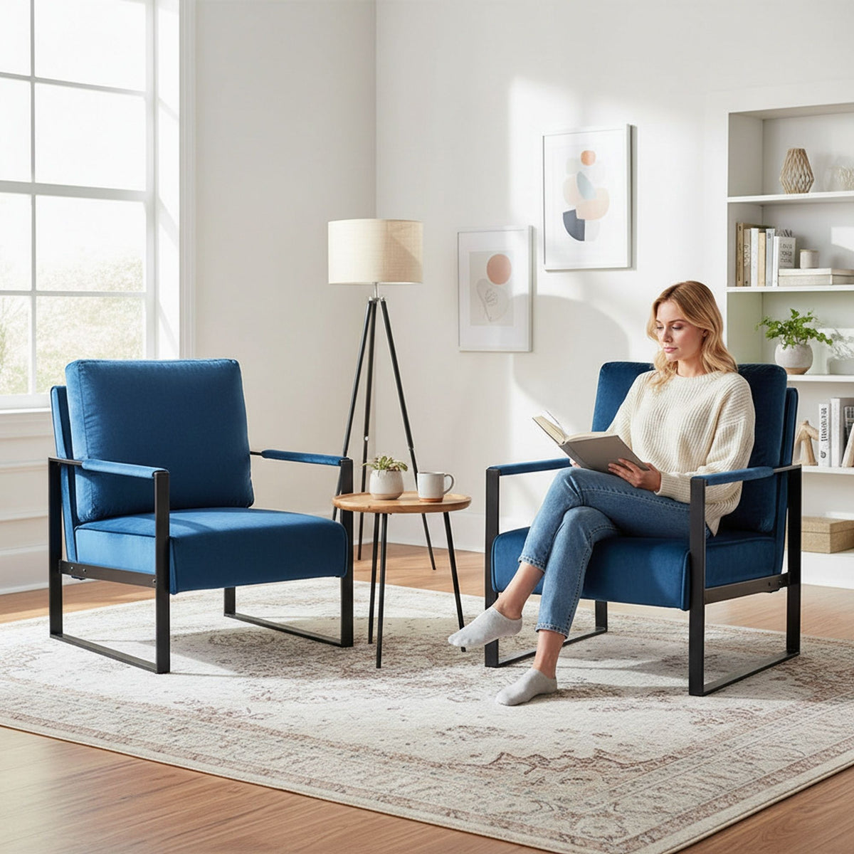Classic Mid Century Modern Accent Chair With Durable Square Metal Frame, Armchair