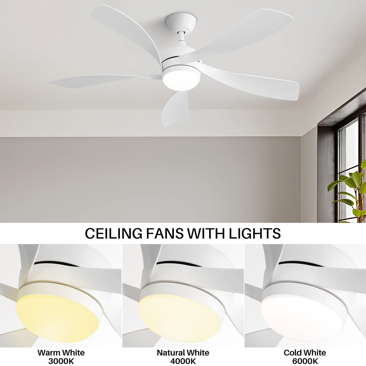 52" Ceiling Fan With 3 Color Dimmable LED Light, 5 Blades, Remote Control, Reversible DC Motor