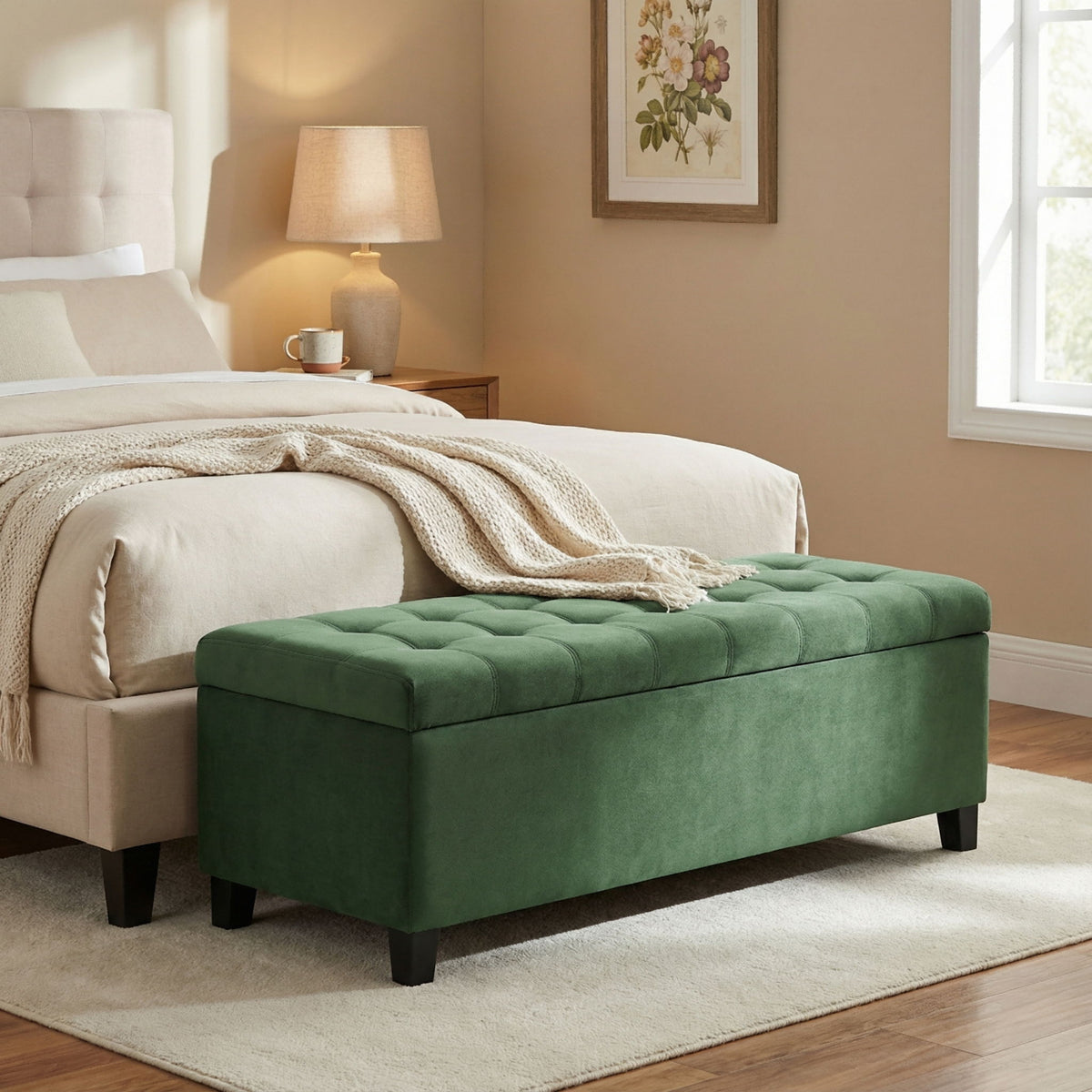 Upholstered Storage Ottoman Bench, Foot Rest For Bedroom