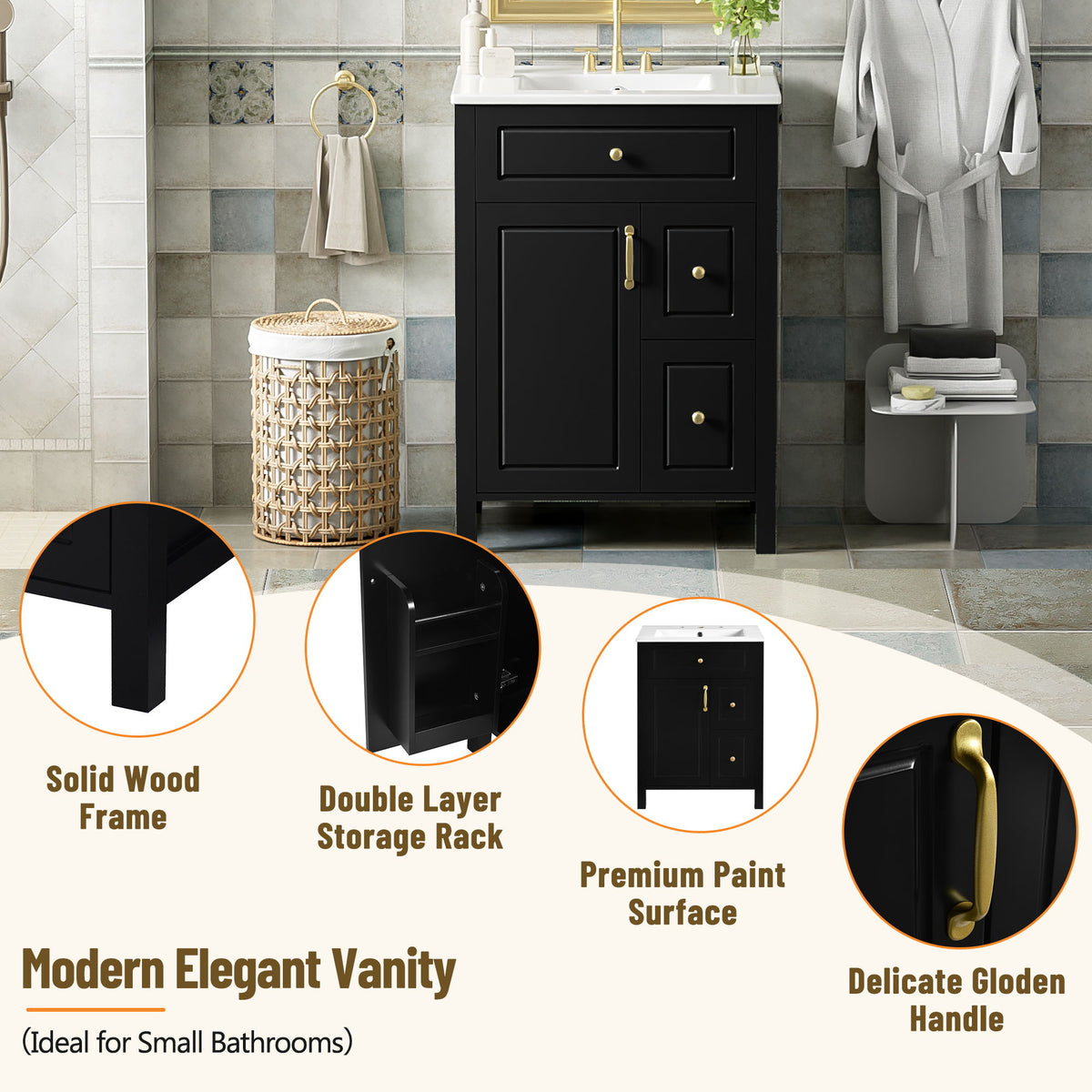 Elegant Bathroom Vanity With Ceramic Sink, Soft Close Doors And Drawers, Double Storage Racks