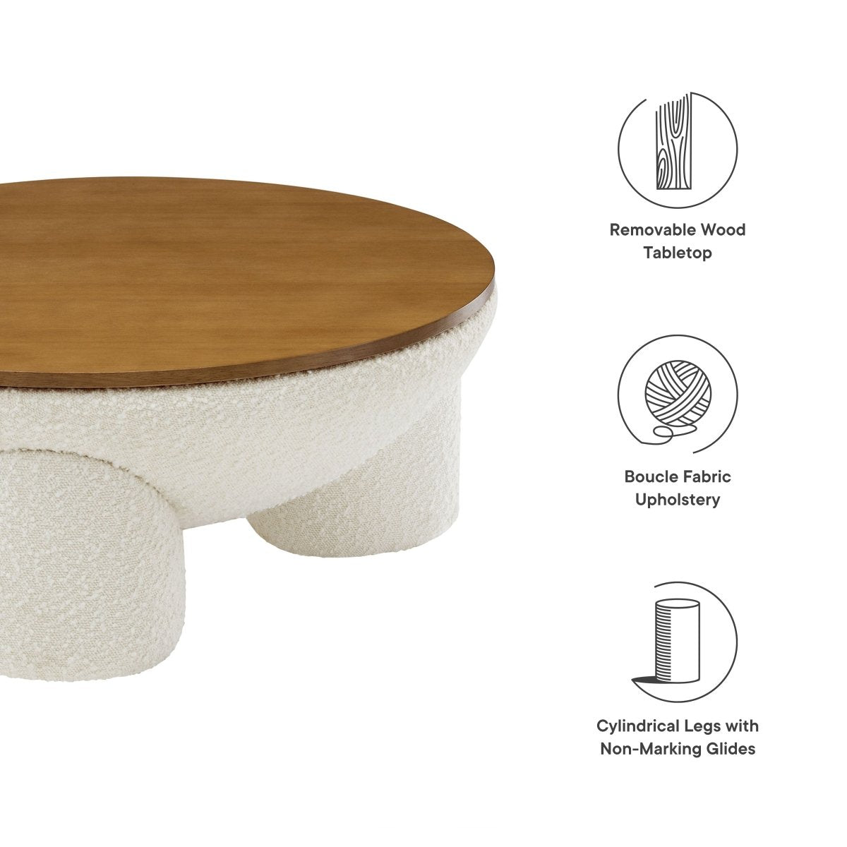 31 Inch Round Boucle Upholstered Storage Coffee Table in Natural Ivory - Coffee Tables available at Alpine Outlets in Denver