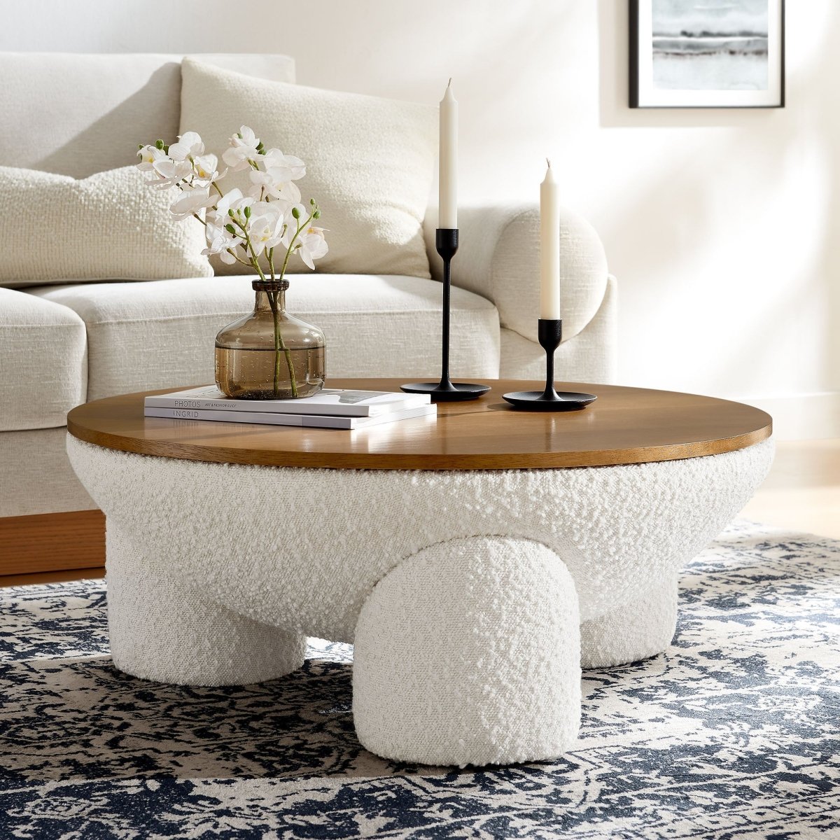 31 Inch Round Boucle Upholstered Storage Coffee Table in Natural Ivory - Coffee Tables available at Alpine Outlets in Denver