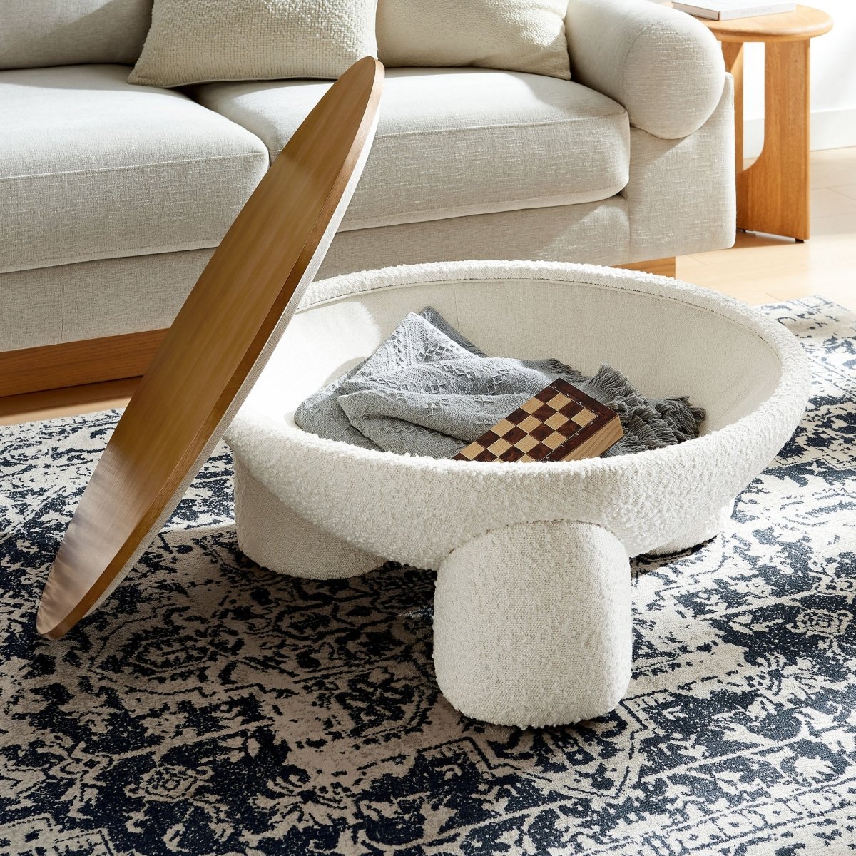 31 Inch Round Boucle Upholstered Storage Coffee Table in Natural Ivory - Coffee Tables available at Alpine Outlets in Denver