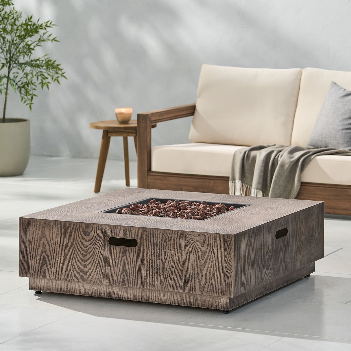 Outdoor Propane Fire Pit Table Iron Wood Pattern 50000 BTU Dark Brown