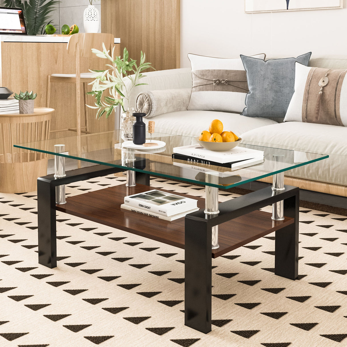 Modern Rectangular Coffee Table With Tempered Glass Top Layer, Table For Living Room - Transparent