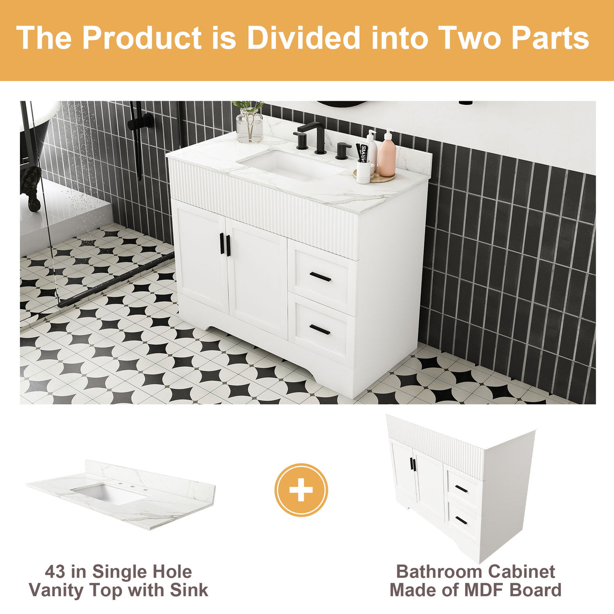 Bathroom Vanity Set, Fluted Cabinet With Soft Close Doors & Drawers, 3 Faucet Holes, Sink Included - White
