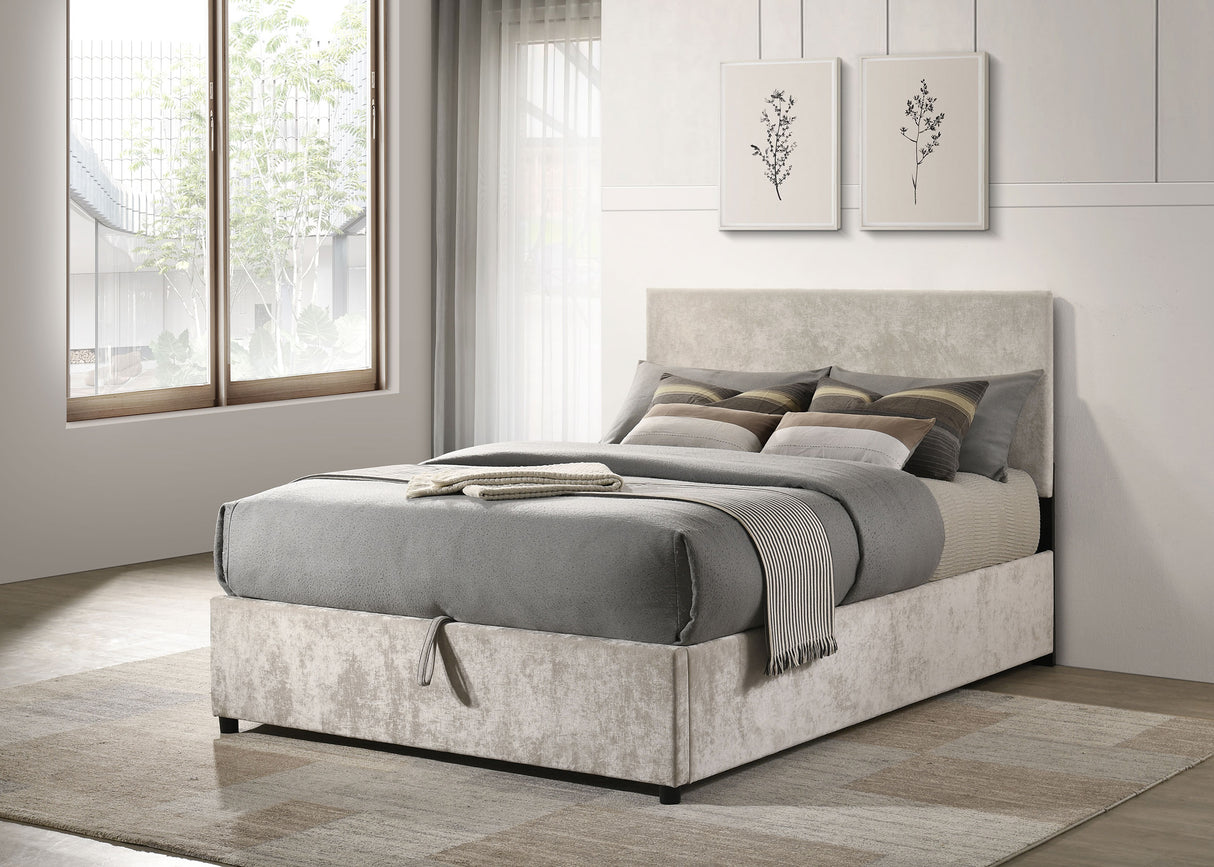 Reeves Beige Upholstered Full Lift-Top Storage Platform Bed