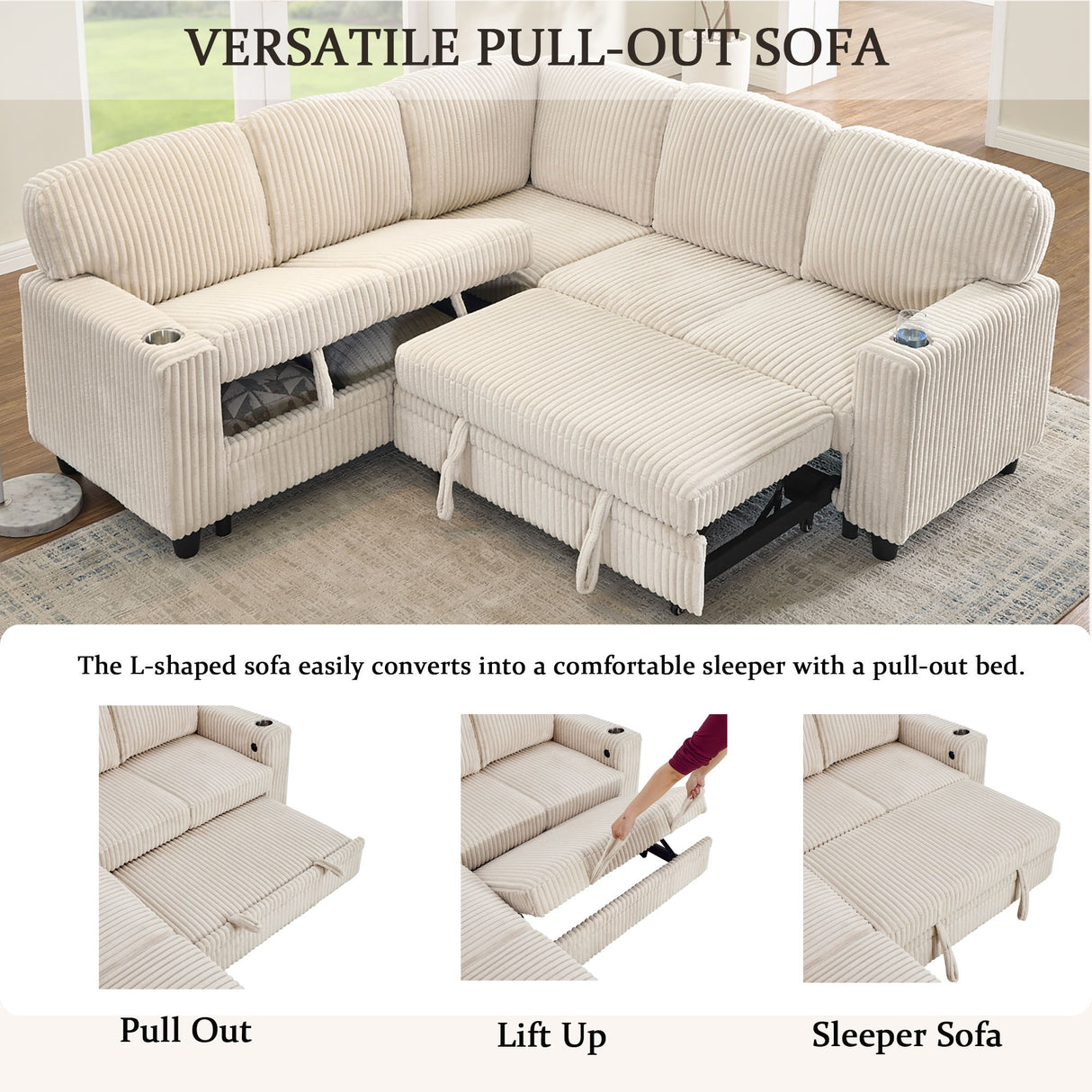 L-Shaped Sofa With Pull Out Sofa Bed With USB