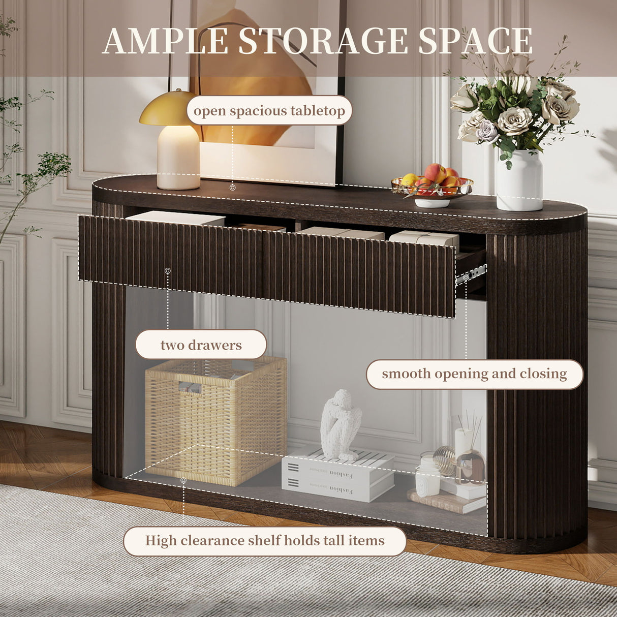 Oval Fluted Console Table With 2 Drawers And Bottom Shelf