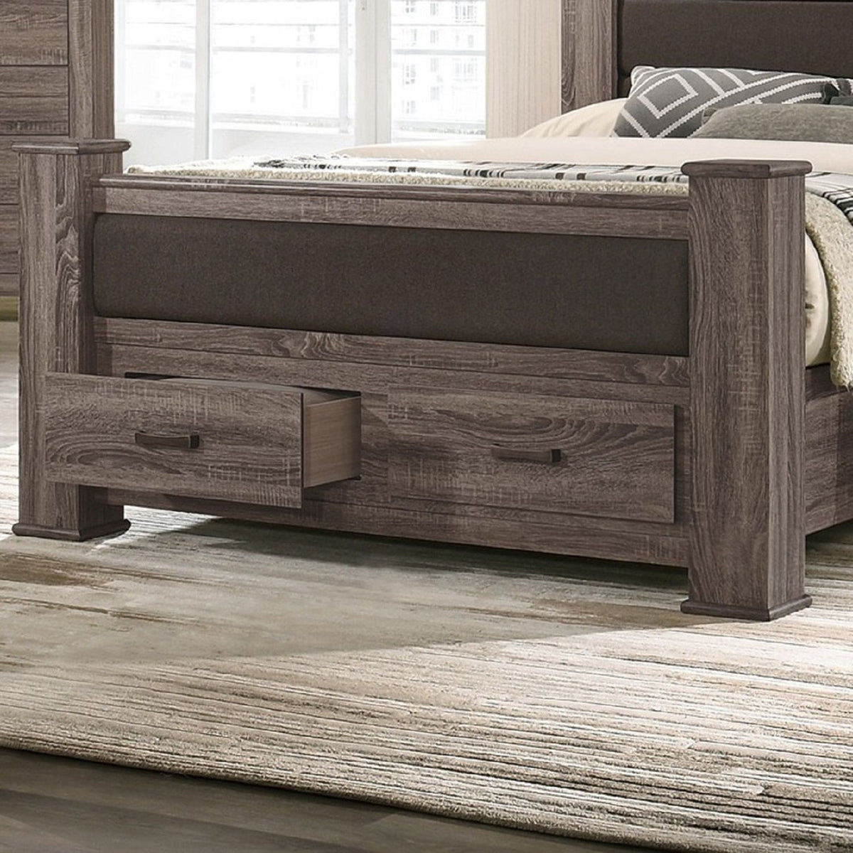 Queen Size Bed & Upholstered Headboard And Footboard Drawers - Brown