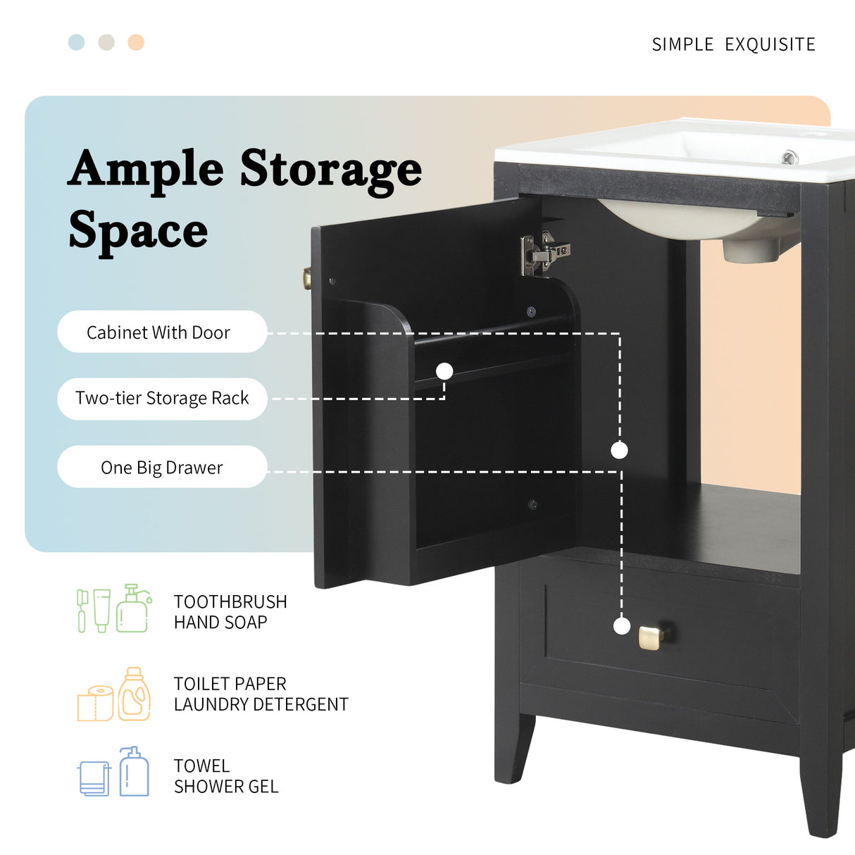 20" Bathroom Vanity With Sink Cabinet With Soft Closing Door, Drawer & Storage Rack - Black