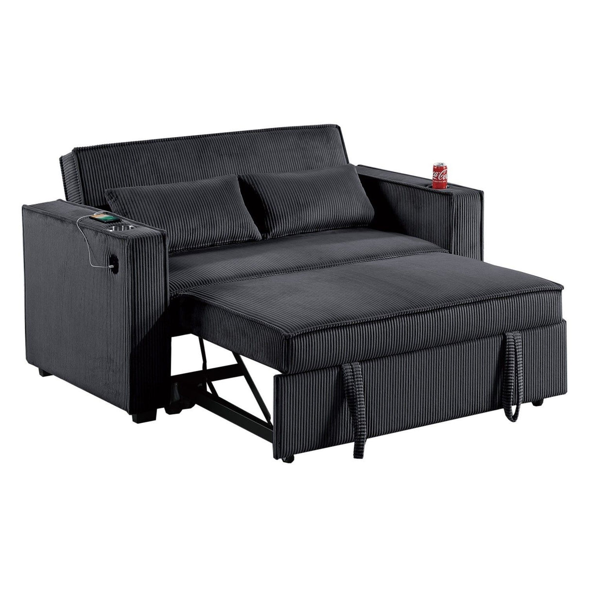 Convertible Sofa With Pull Out Bed, USB Ports & Cup Holders, Matching Pillows - Black