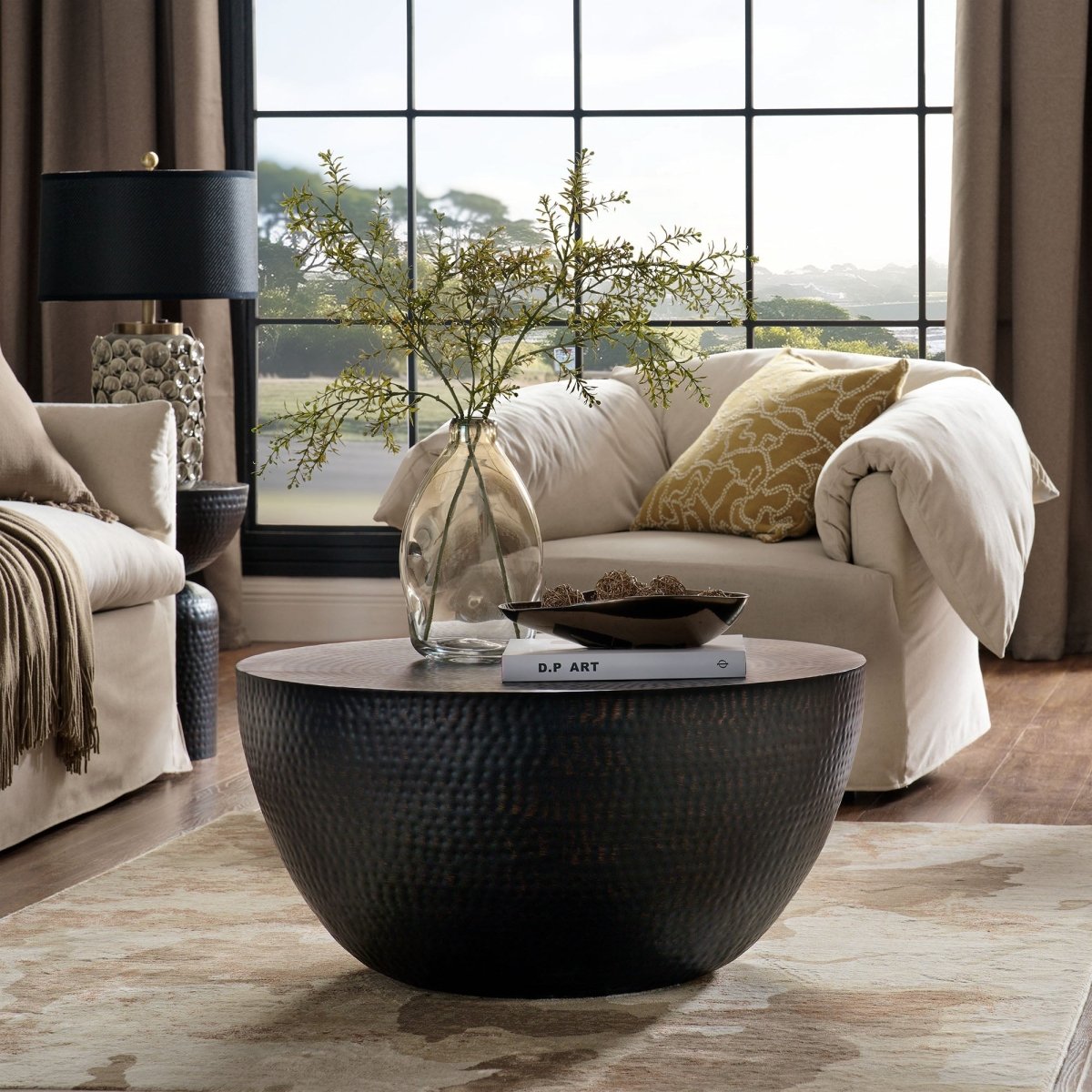 32 Inch Metal Hammered Drum Coffee Table in Black - Coffee Tables available at Alpine Outlets in Denver