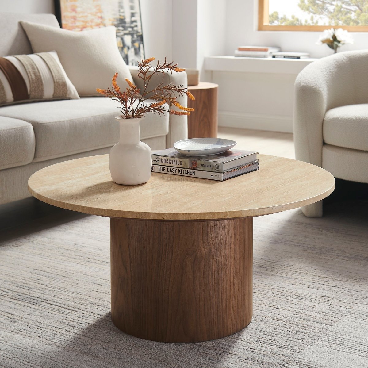 32 Inch Round Travertine and Walnut Pedestal Coffee Table - Coffee Tables available at Alpine Outlets in Denver