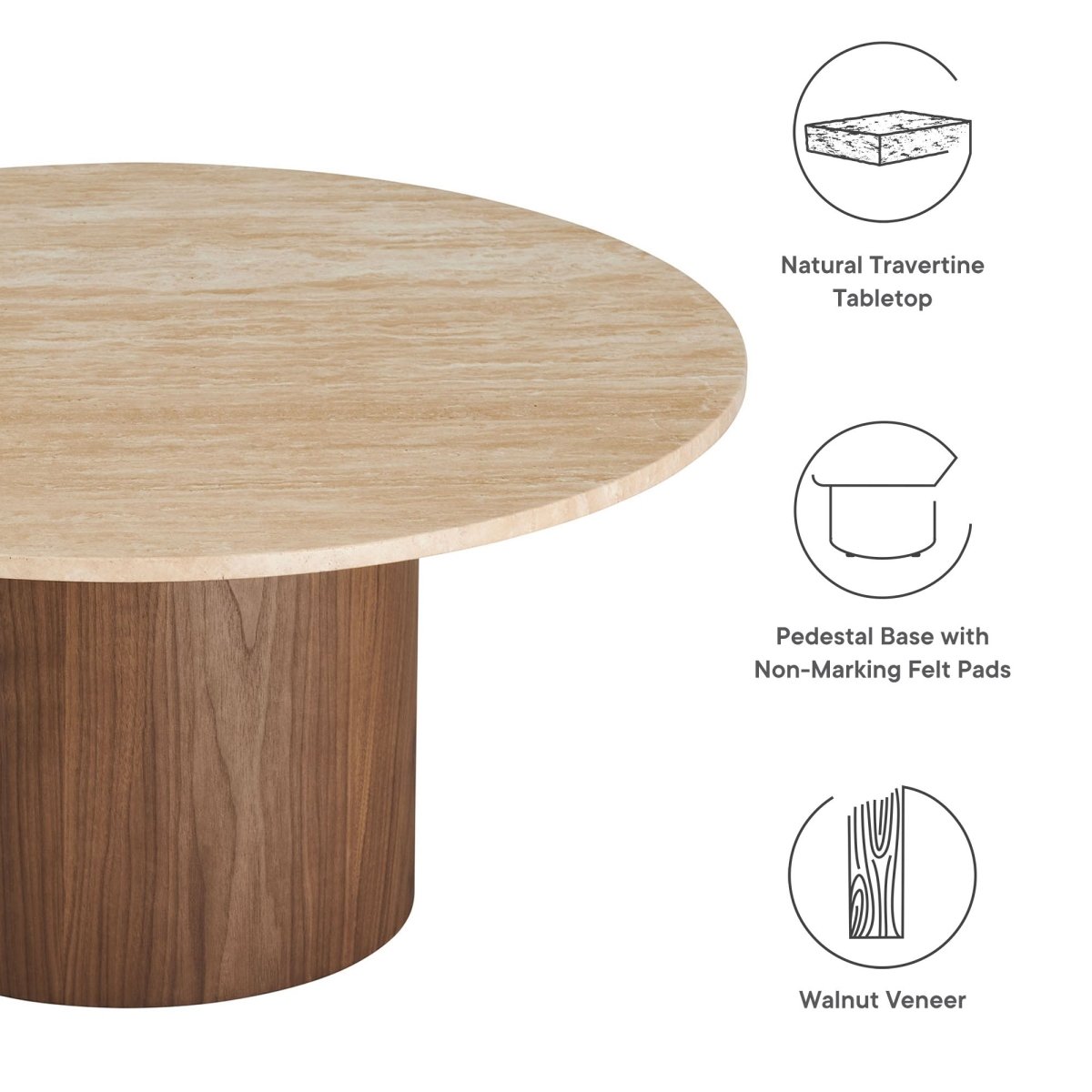 32 Inch Round Travertine and Walnut Pedestal Coffee Table - Coffee Tables available at Alpine Outlets in Denver