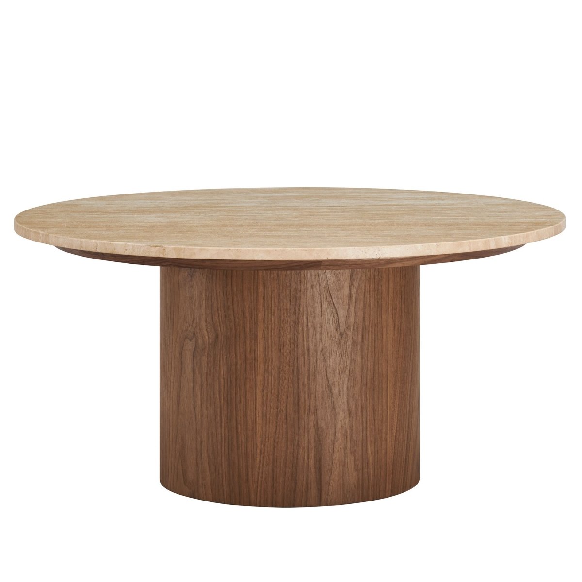 32 Inch Round Travertine and Walnut Pedestal Coffee Table - Coffee Tables available at Alpine Outlets in Denver