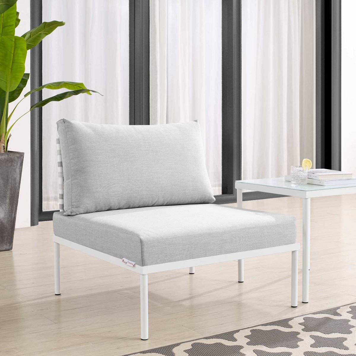 32" Taupe Gray Basket Weave Aluminum Outdoor Armless Chair with Sunbrella® Cushions - Outdoor - Alpine Outlets