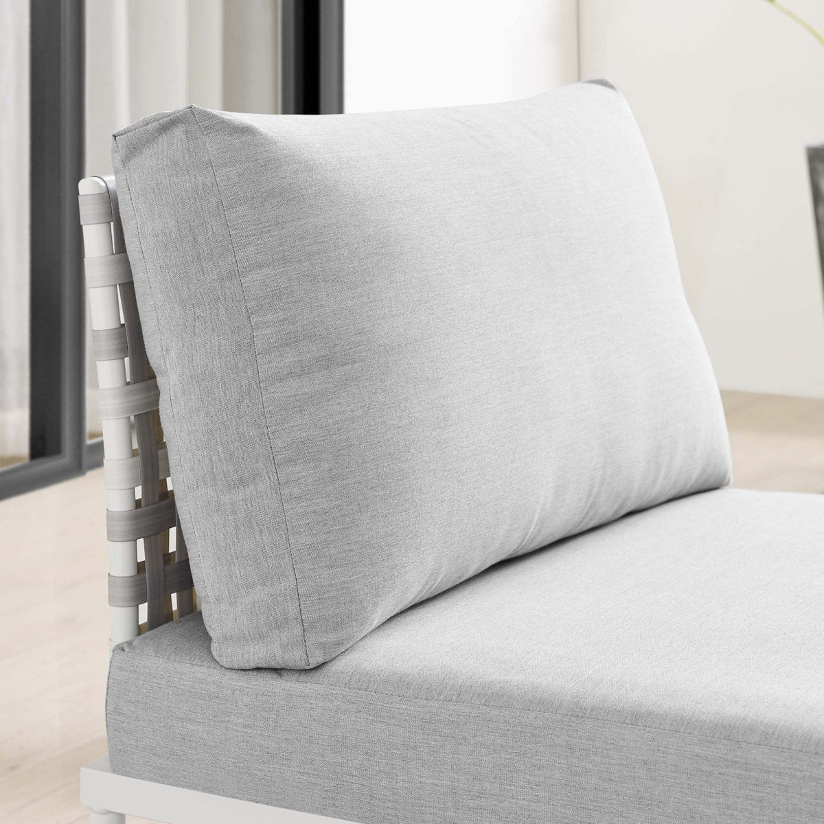 32" Taupe Gray Basket Weave Aluminum Outdoor Armless Chair with Sunbrella® Cushions - Outdoor - Alpine Outlets