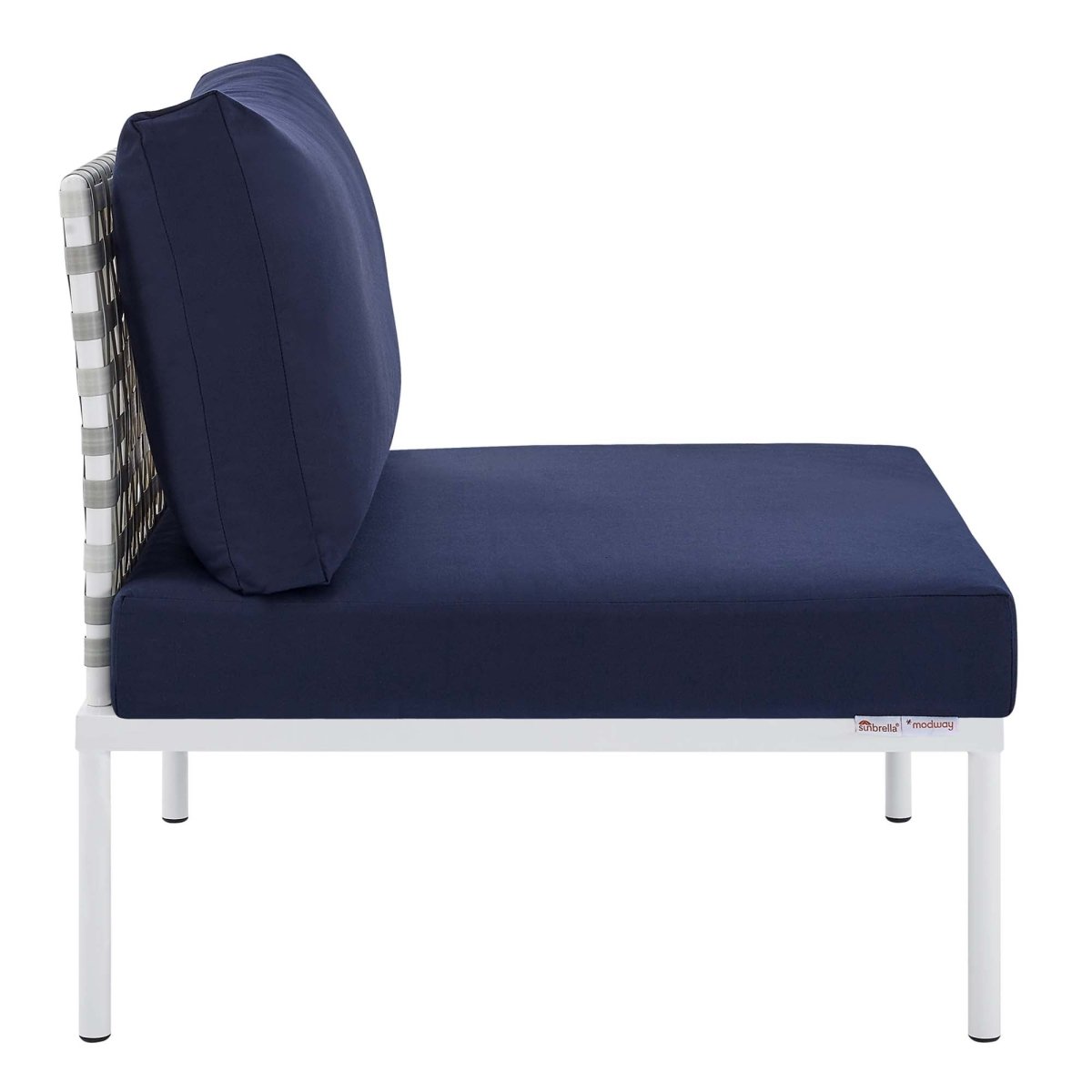 32" Taupe Navy Basket Weave Aluminum Outdoor Armless Chair with Sunbrella® Cushions - Outdoor - Alpine Outlets