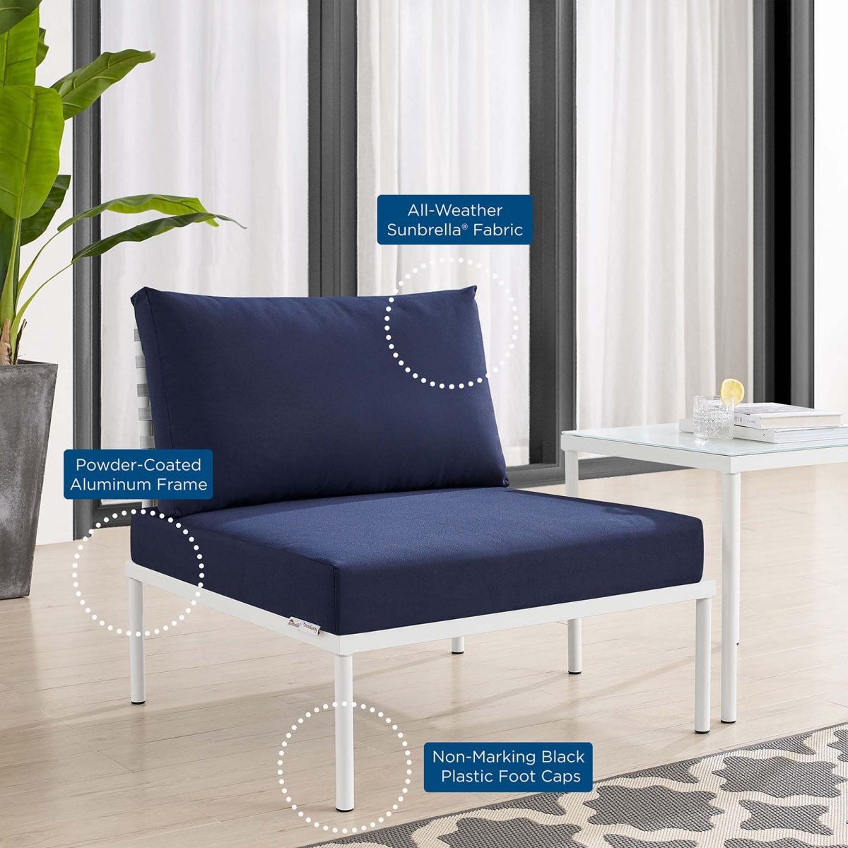 32" Taupe Navy Basket Weave Aluminum Outdoor Armless Chair with Sunbrella® Cushions - Outdoor - Alpine Outlets