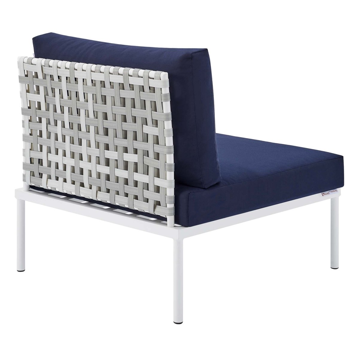 32" Taupe Navy Basket Weave Aluminum Outdoor Armless Chair with Sunbrella® Cushions - Outdoor - Alpine Outlets