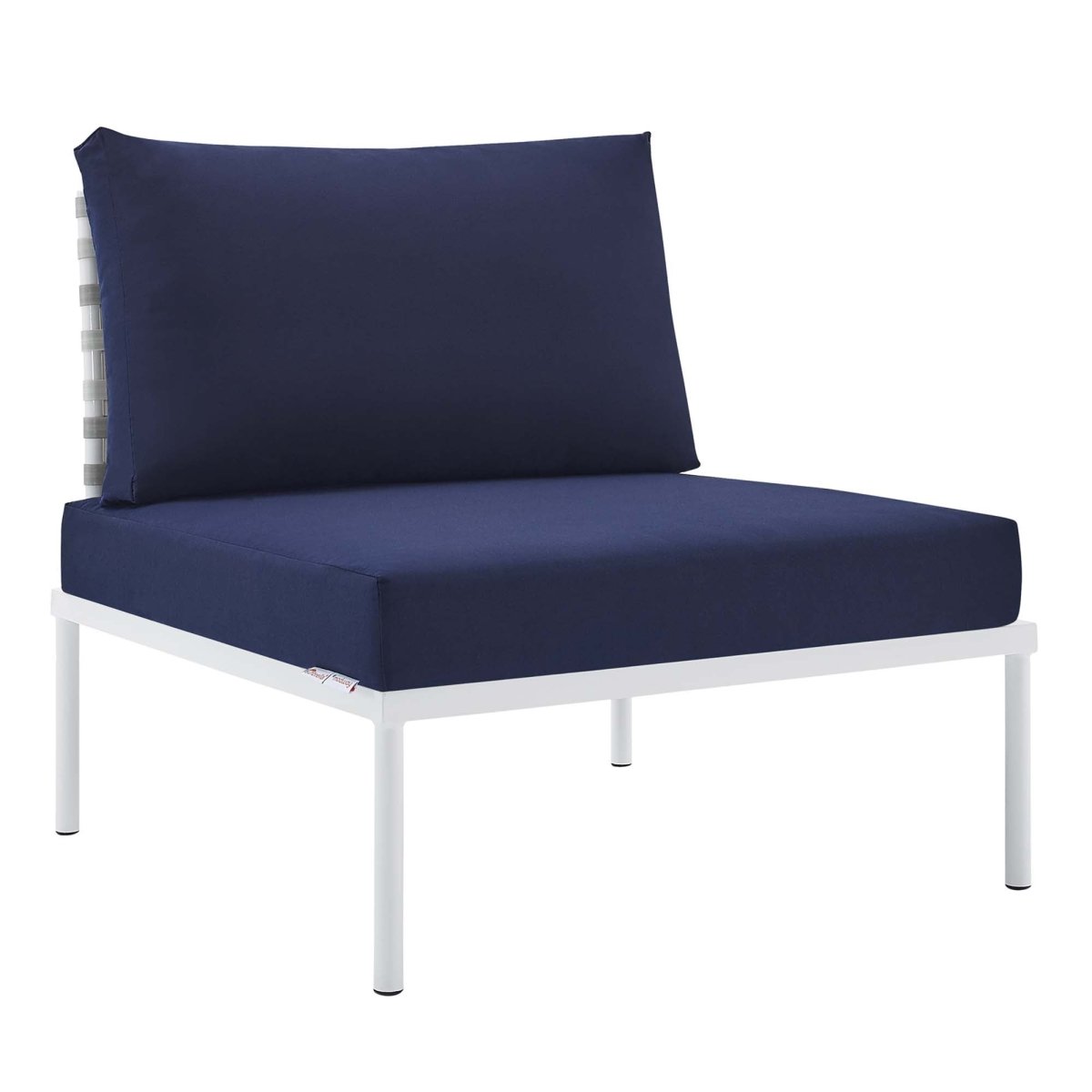 32" Taupe Navy Basket Weave Aluminum Outdoor Armless Chair with Sunbrella® Cushions - Outdoor - Alpine Outlets