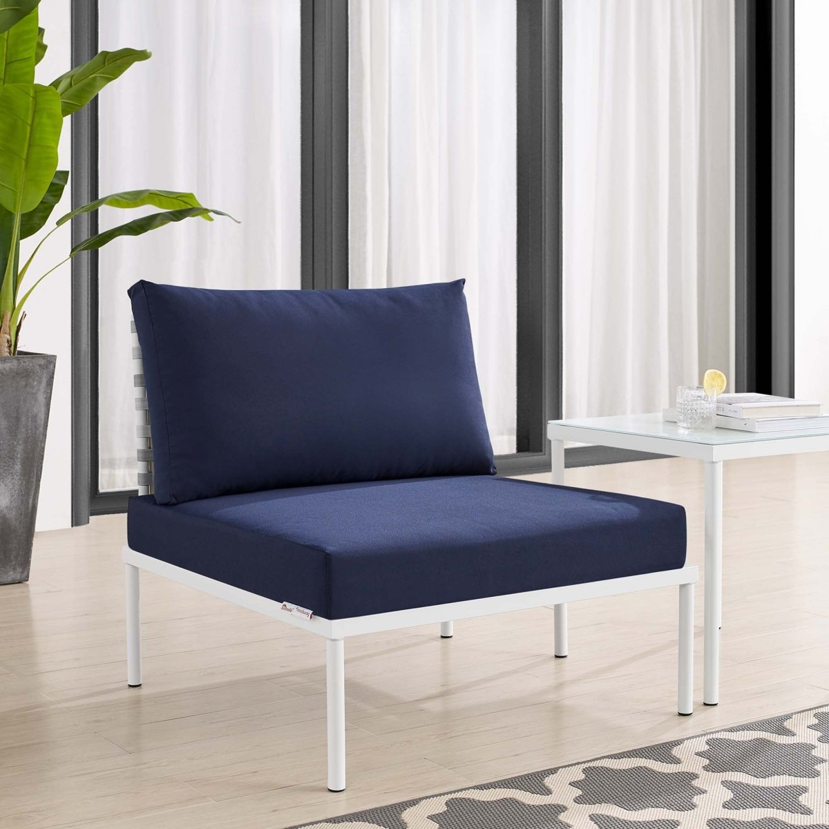 32" Taupe Navy Basket Weave Aluminum Outdoor Armless Chair with Sunbrella® Cushions - Outdoor - Alpine Outlets