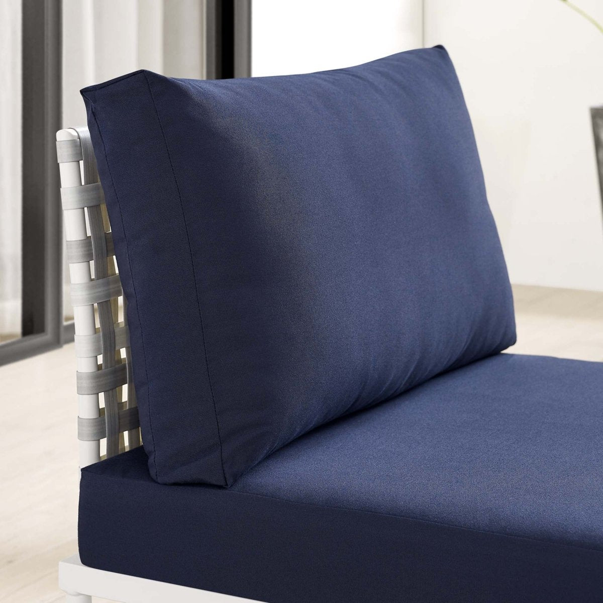 32" Taupe Navy Basket Weave Aluminum Outdoor Armless Chair with Sunbrella® Cushions - Outdoor - Alpine Outlets
