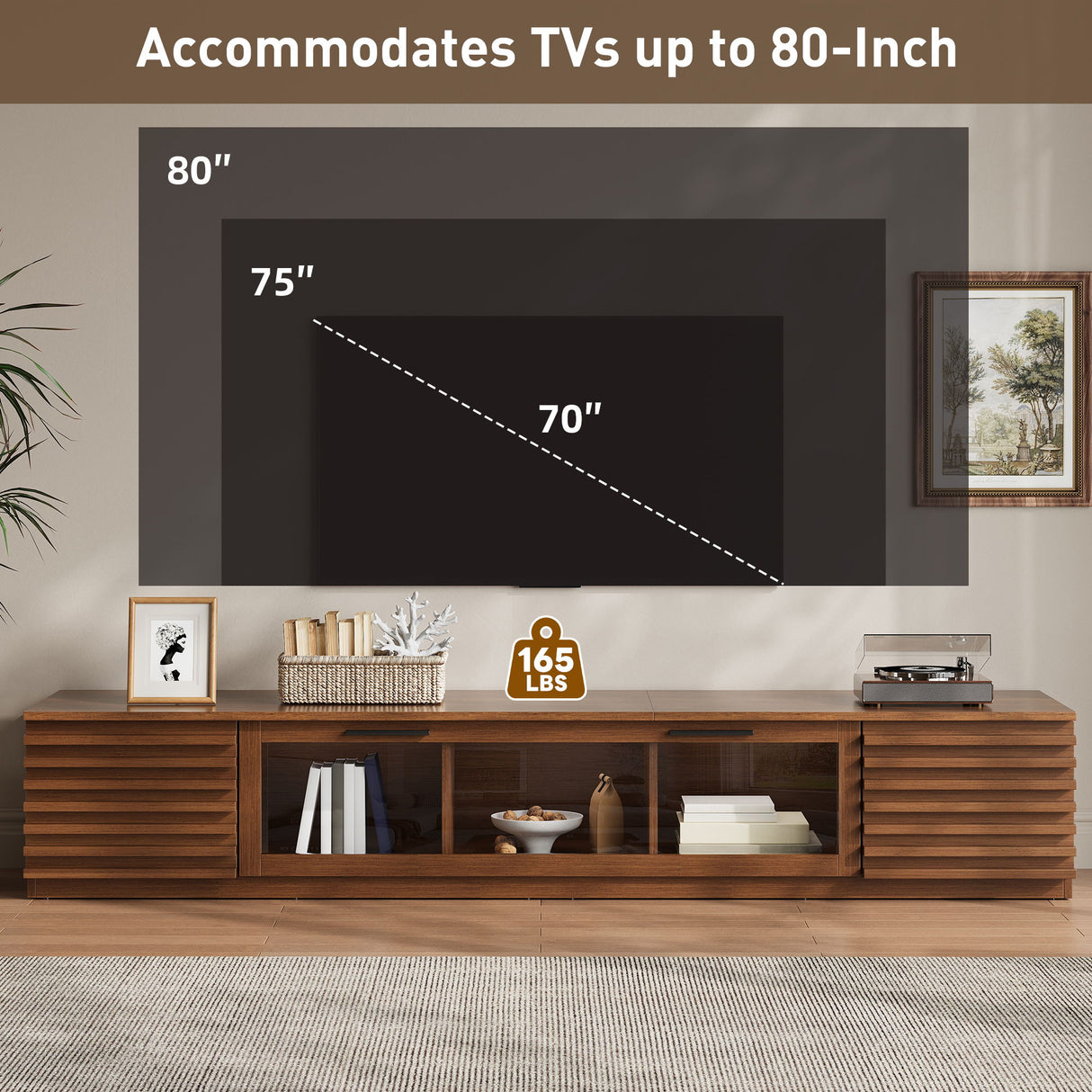 TV Stand With LED Lighting, Soft Closing Hinges, Cable Management - Walnut