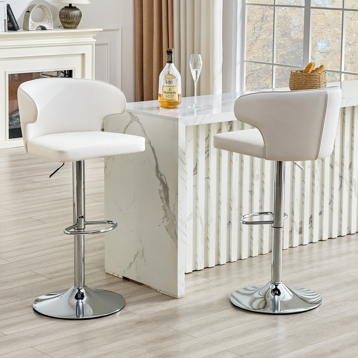 Adjustable Swivel Bar Chair With High Back Support For Kitchen Counter (Set of 2) - White / Silver