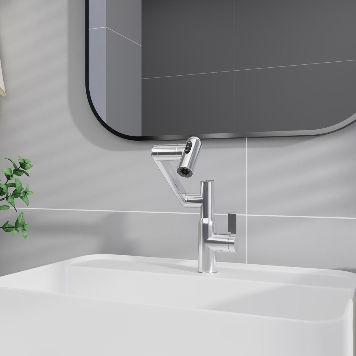Bathroom Sink Faucet With Spray Function And Temperature Display, Anti Skid Switch, 360 Degree Rotary