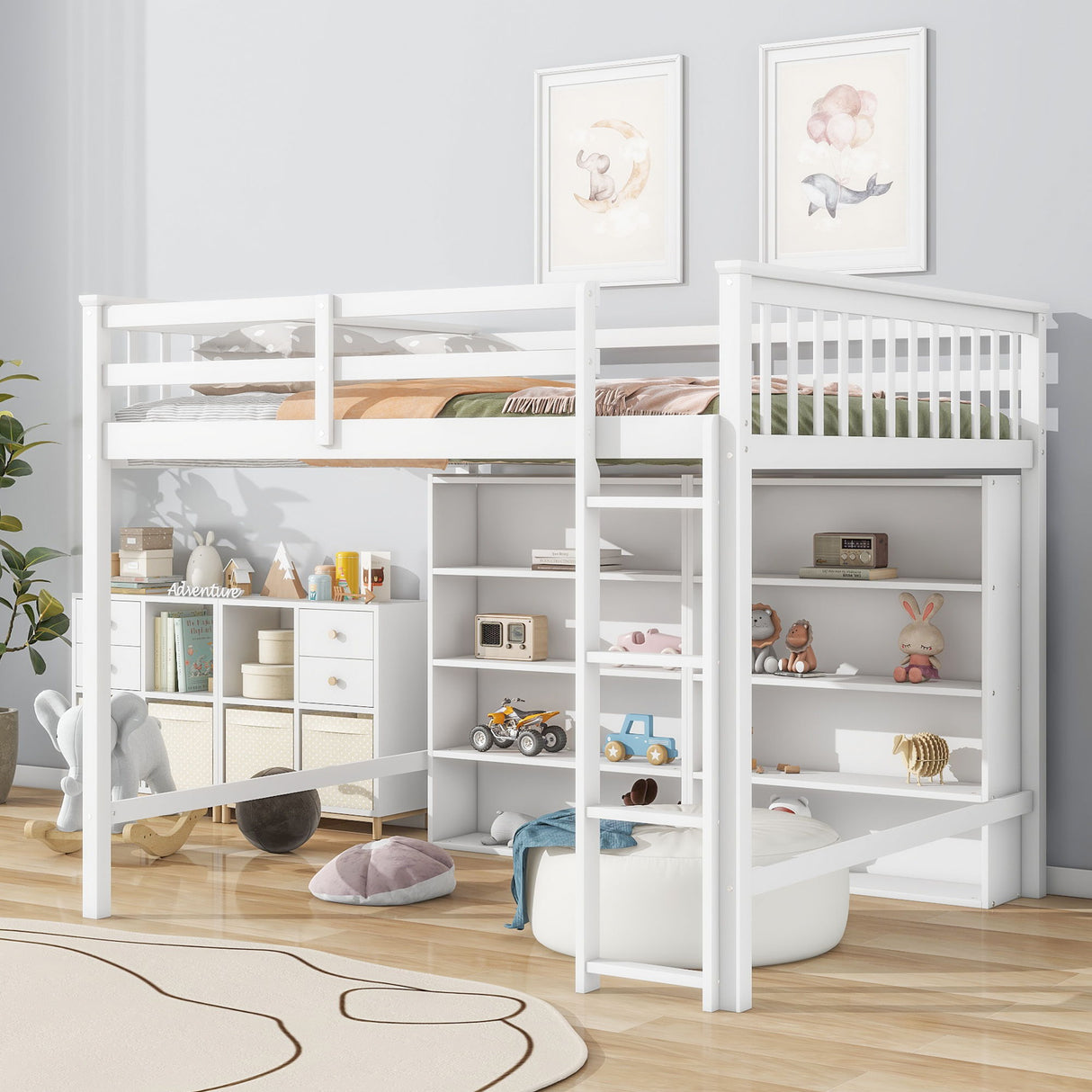 Loft Bed With 8 Open Storage Shelves And Built In Ladder