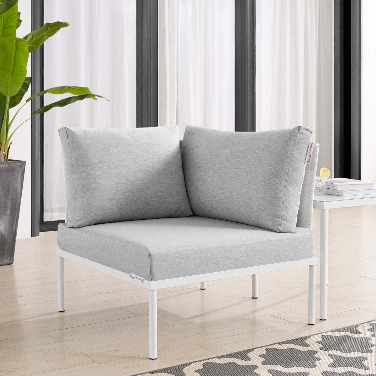 33" Modern Aluminum Mesh Outdoor Corner Chair with Sunbrella® Cushions – White and Gray - Outdoor - Alpine Outlets