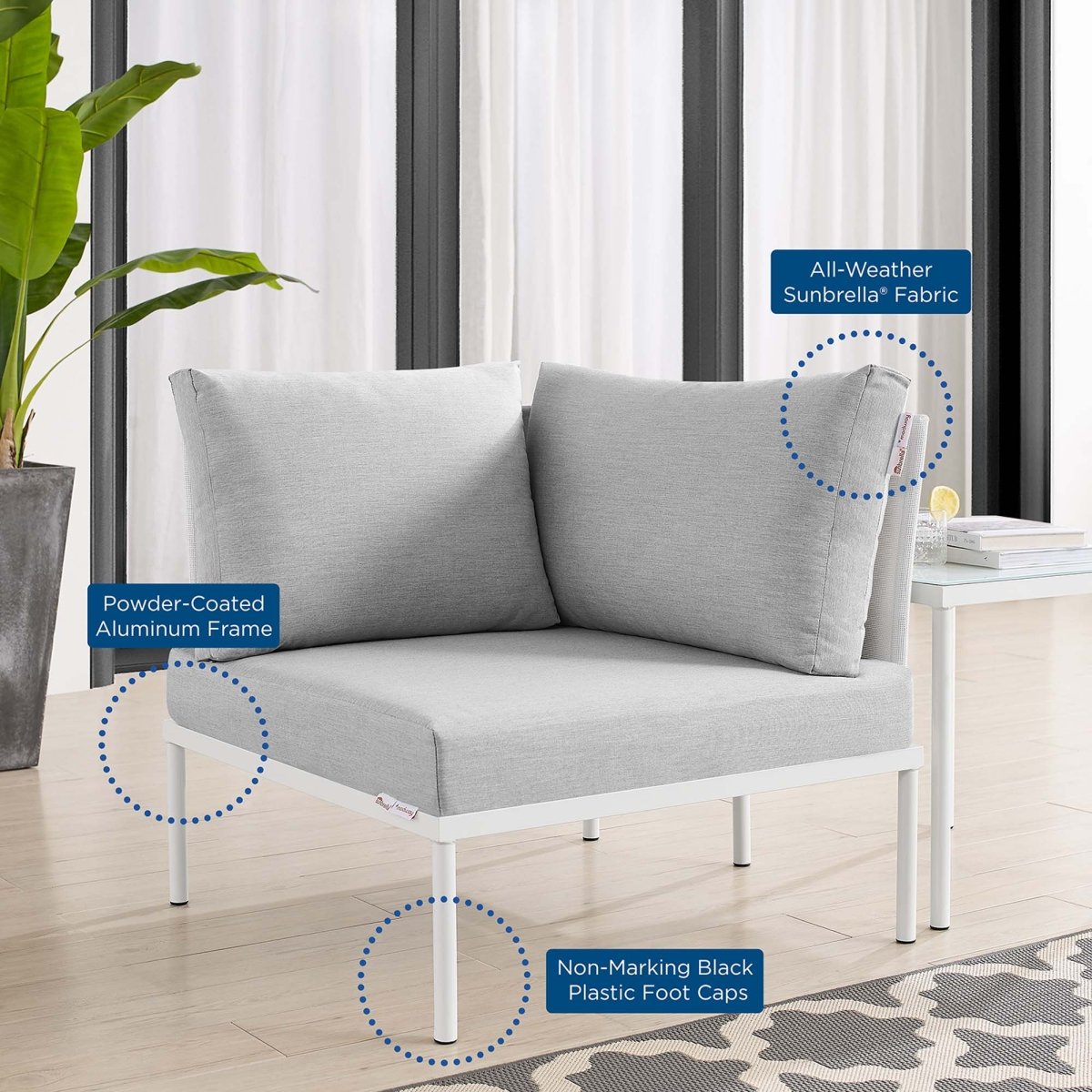33" Modern Aluminum Mesh Outdoor Corner Chair with Sunbrella® Cushions – White and Gray - Outdoor - Alpine Outlets