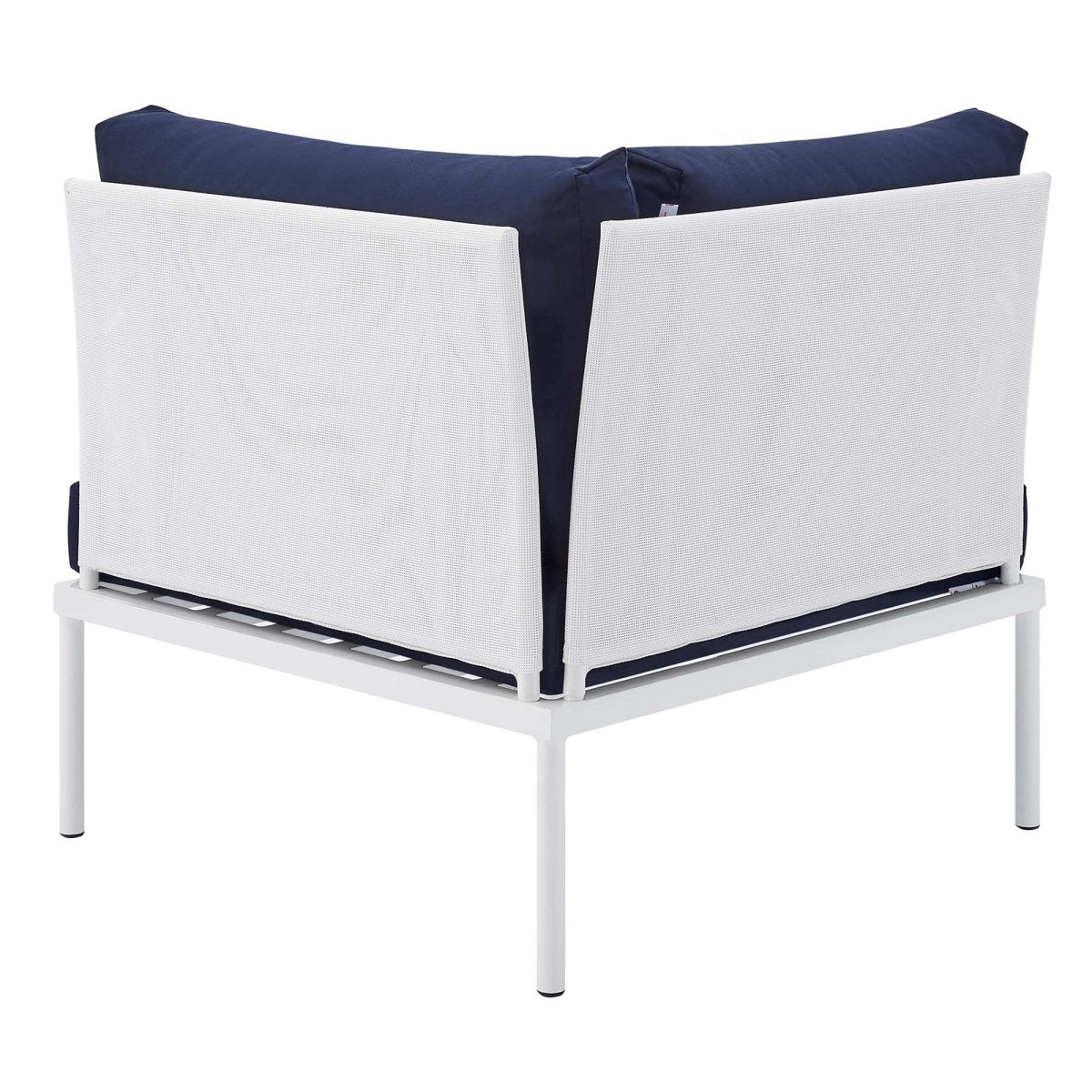 33" Modern Aluminum Mesh Outdoor Corner Chair with Sunbrella® Cushions – White and Navy - Outdoor - Alpine Outlets