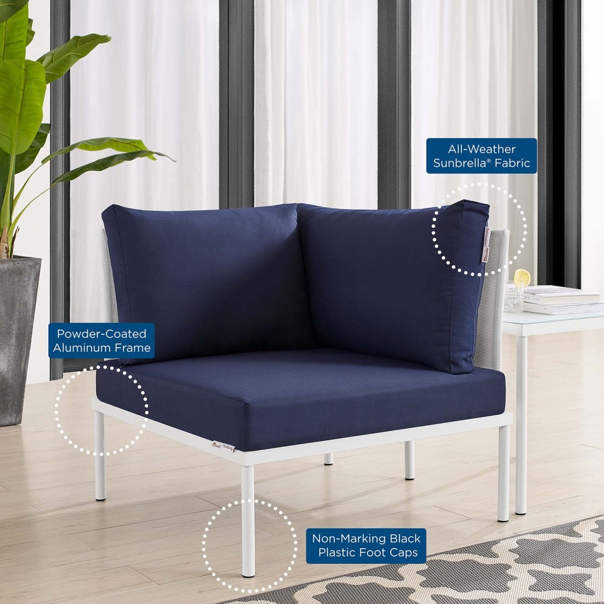 33" Modern Aluminum Mesh Outdoor Corner Chair with Sunbrella® Cushions – White and Navy - Outdoor - Alpine Outlets