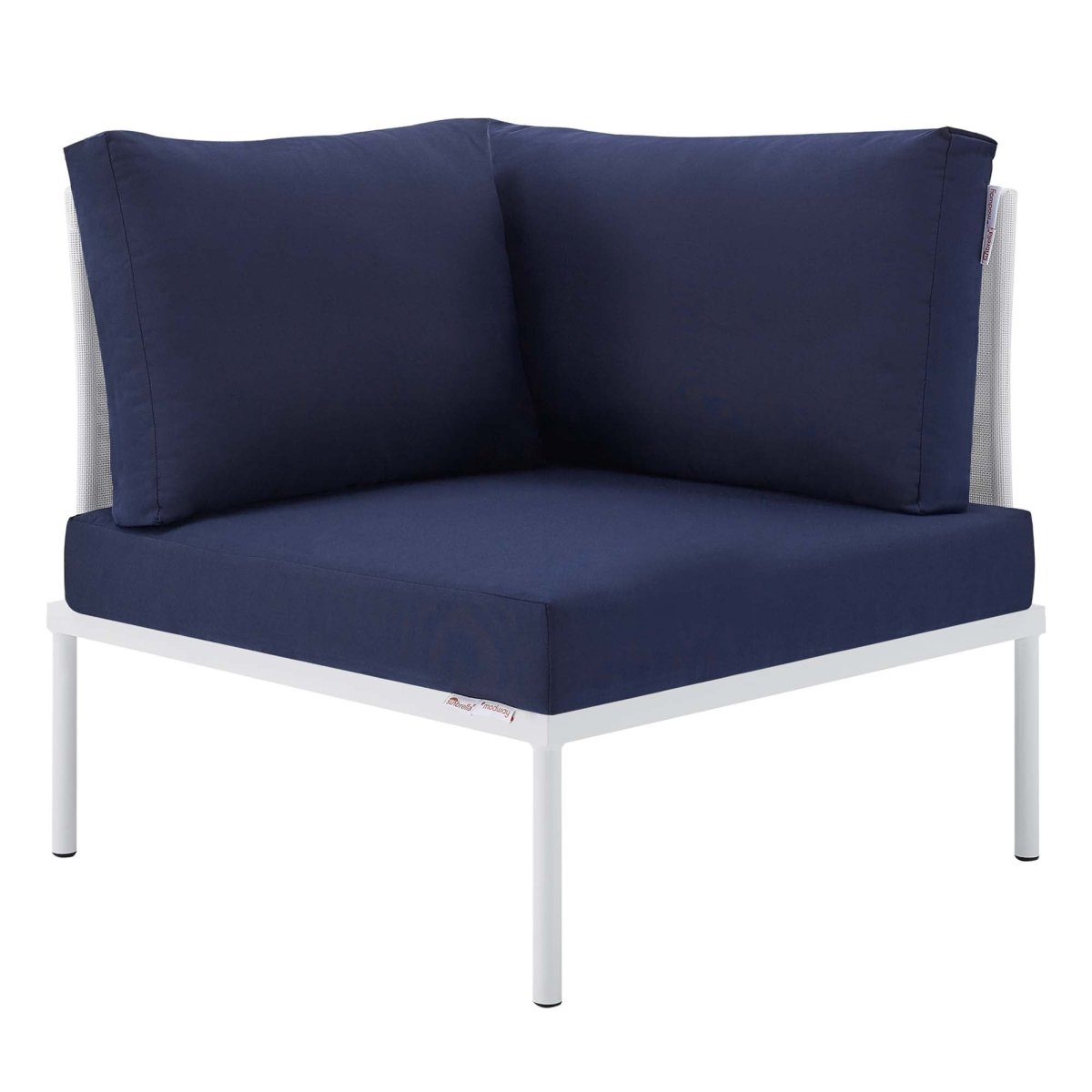 33" Modern Aluminum Mesh Outdoor Corner Chair with Sunbrella® Cushions – White and Navy - Outdoor - Alpine Outlets