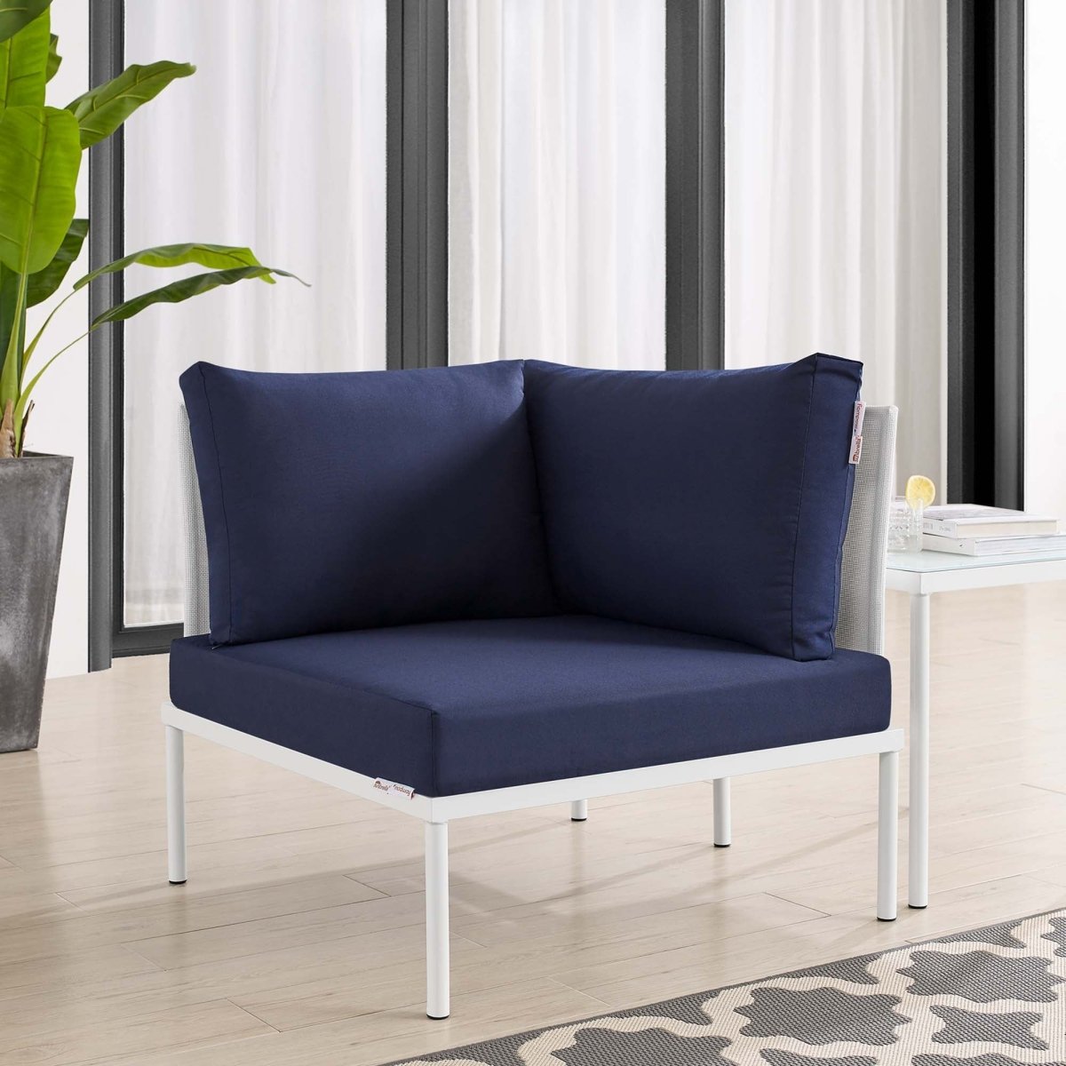 33" Modern Aluminum Mesh Outdoor Corner Chair with Sunbrella® Cushions – White and Navy - Outdoor - Alpine Outlets