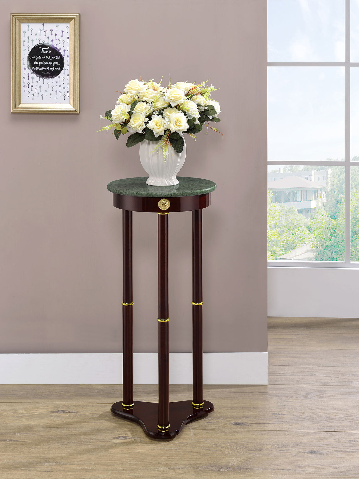 Edie Round Marble Top Plant Stand in Merlot