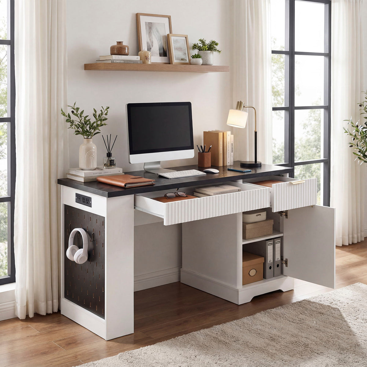 Fluted Office Desk With Storage Cabinet, Drawers, Power Outlet, Pegboard & Keyboard Tray - White