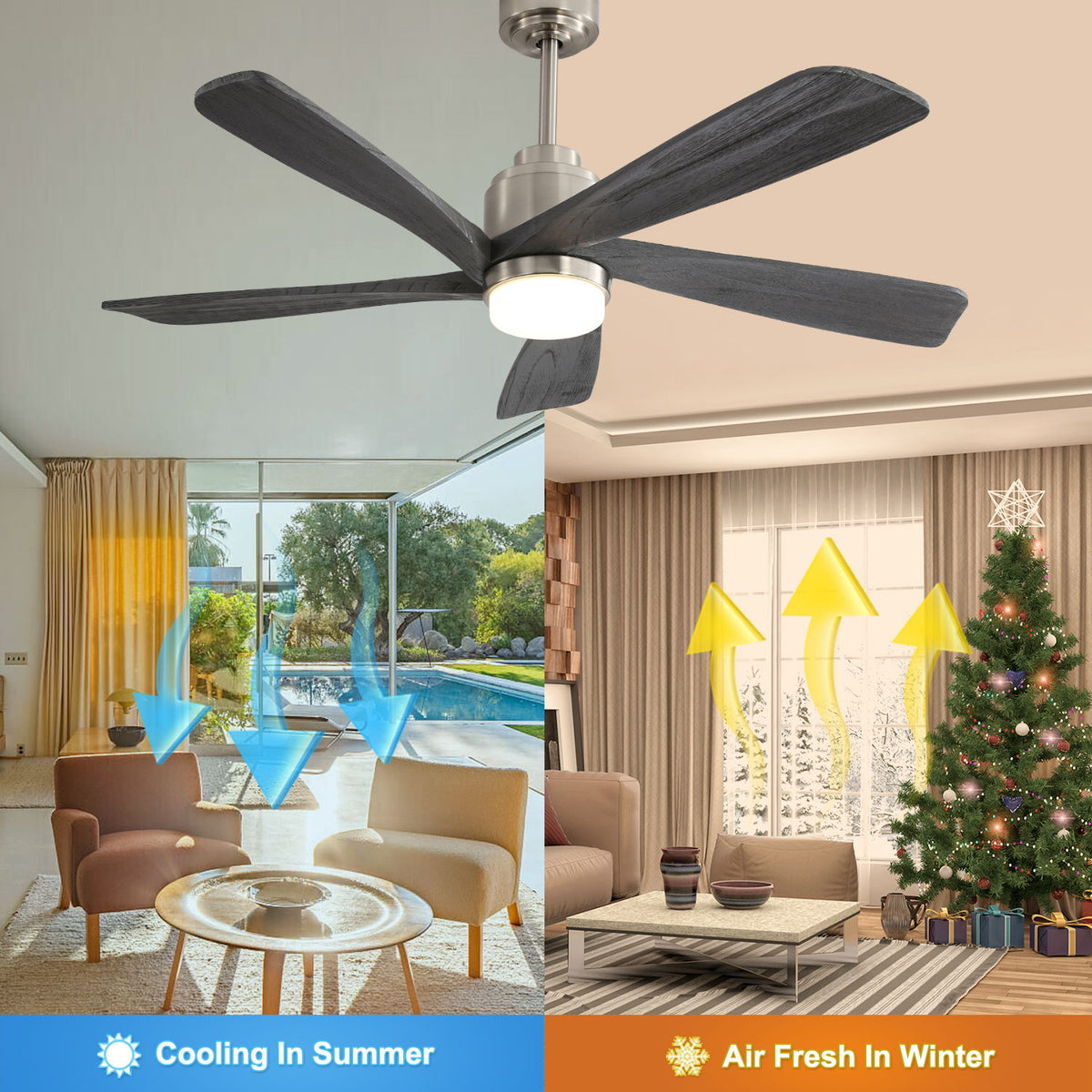52" Ceiling Fan With Dimmable LED Light, 5 Blades, Reversible DC Motor - Nickel