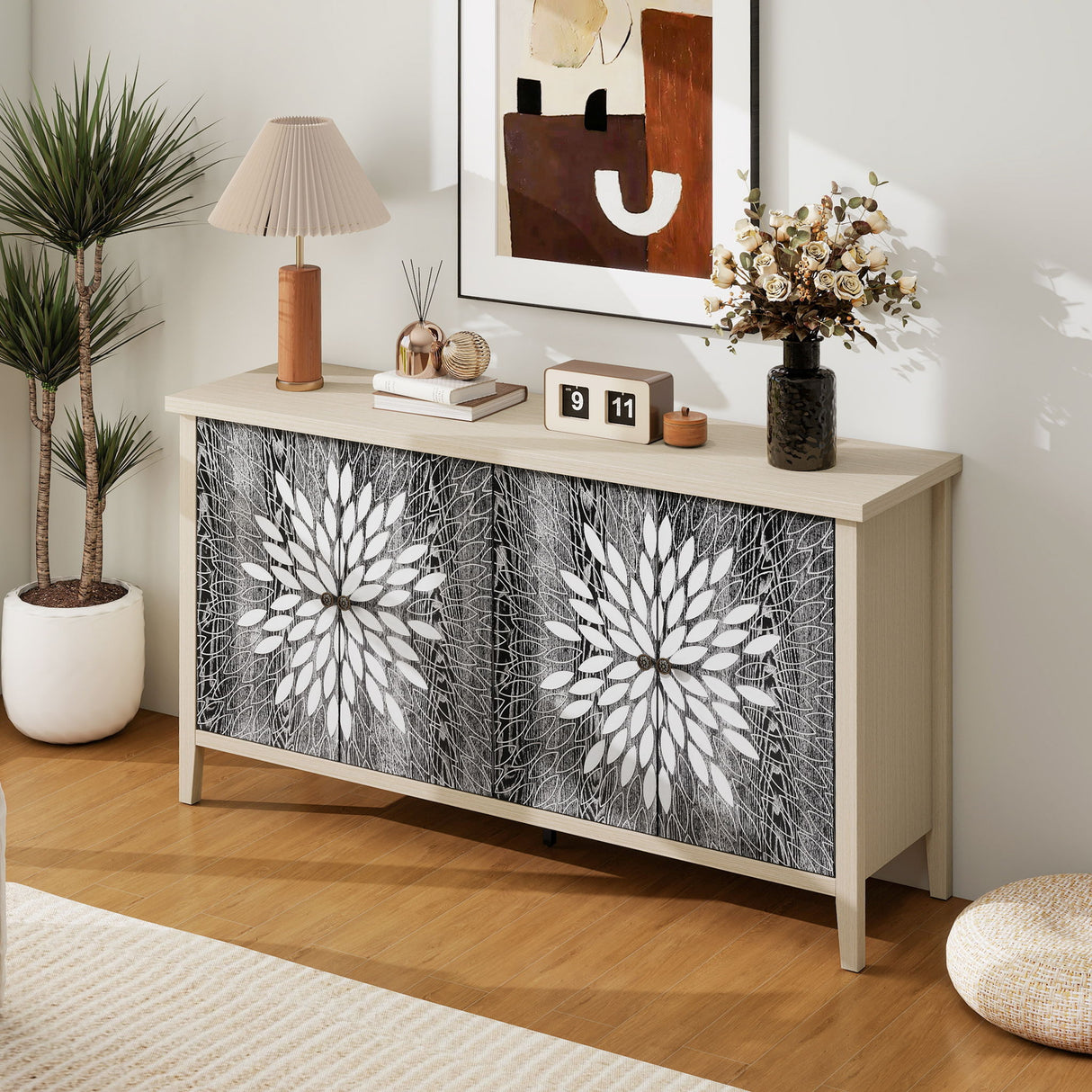 Sideboard Buffet Cabinet Carved 4 Door Storage 58in x 32in