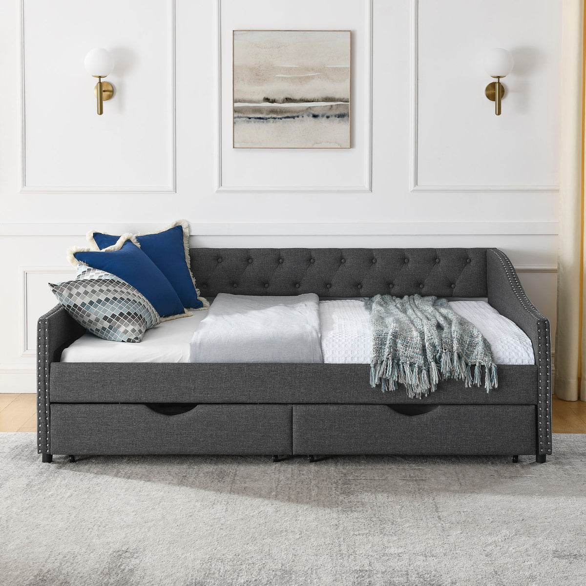 Full Size Upholstered Daybed With Tufted Back And Nail Trimmed Waved Arms - Dark Gray
