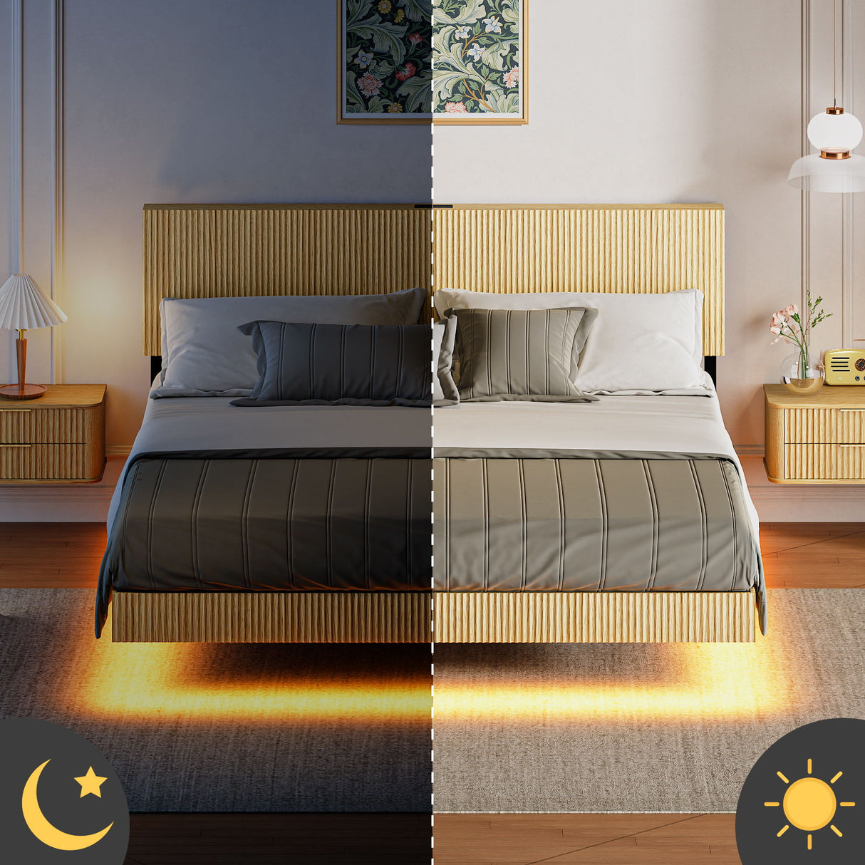Floating Bedstead With Charging Station And LED Lights