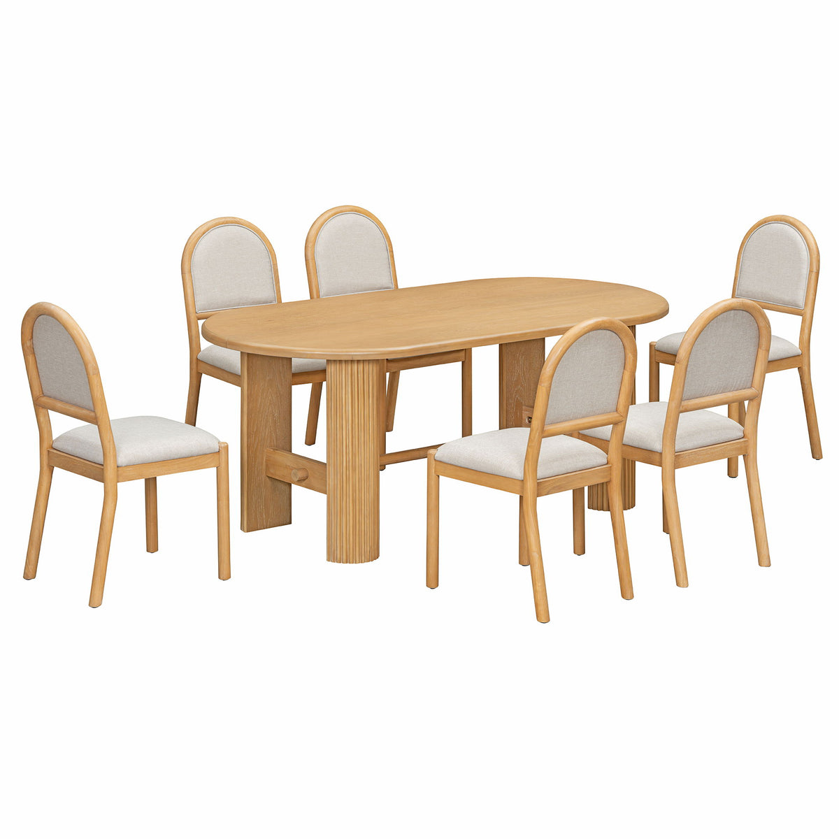 Oval Dining Table Set For 6 With Fluted Pedestal Base, 7 Piece Set Including 6 Upholstered Chairs