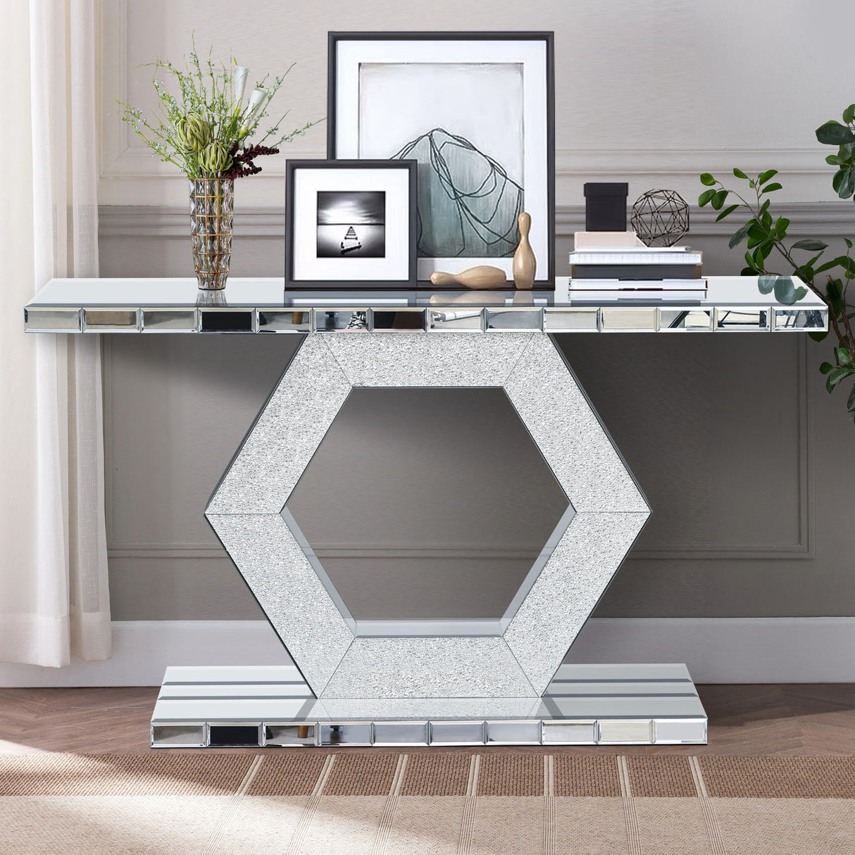 Sparkling Crystal Hexagon Mirror Entryway Premium Modern Foyer Console Table With Diamond Glass Effects, Dual Tier Luxury Sofa Table - Silver
