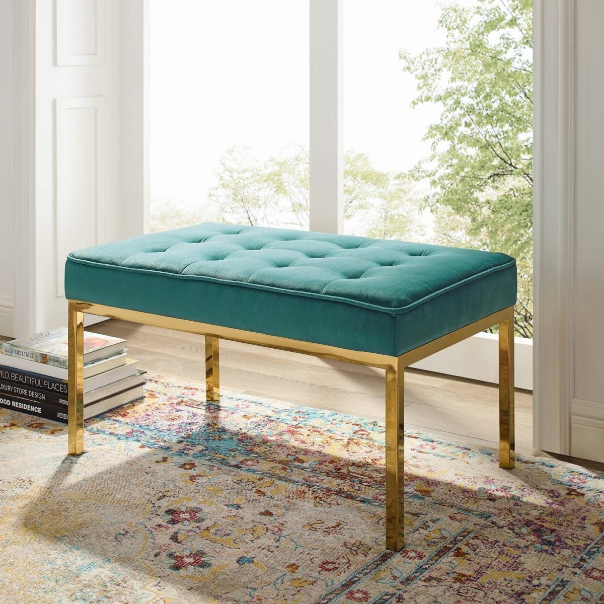 34 Inch Iconic Button Tufted Performance Velvet Bench - Benches available at Alpine Outlets in Denver
