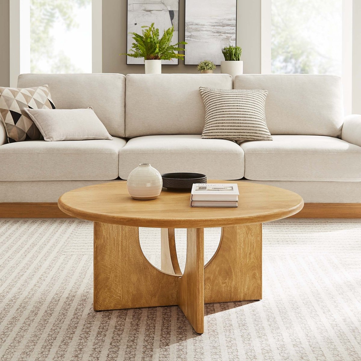 34 Inch Mid - Century Round Mango Wood Coffee Table - Coffee Tables available at Alpine Outlets in Denver