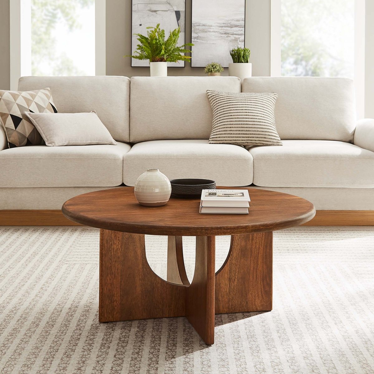 34 Inch Mid - Century Round Mango Wood Coffee Table - Coffee Tables available at Alpine Outlets in Denver
